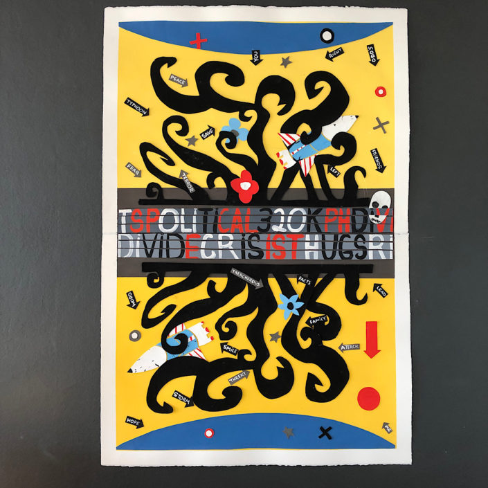 “Divide” 106 x 76 cm gouache flash assemblage on archers paper 2019
