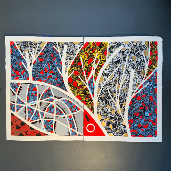 “Holding pattern” 52 x 152 cm 2 panels gouache acrylic on archers paper 2021